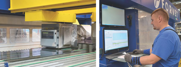 By barcode scan, the machine operator at the Forvet CNC processing machine (left) displays the sheet data on the A+W Production Monitor. No programming of the machine is required as the high-tech interface CAM-DXF (A+W) supplies all sheet and machine parameters and thus programs the machine automatically.