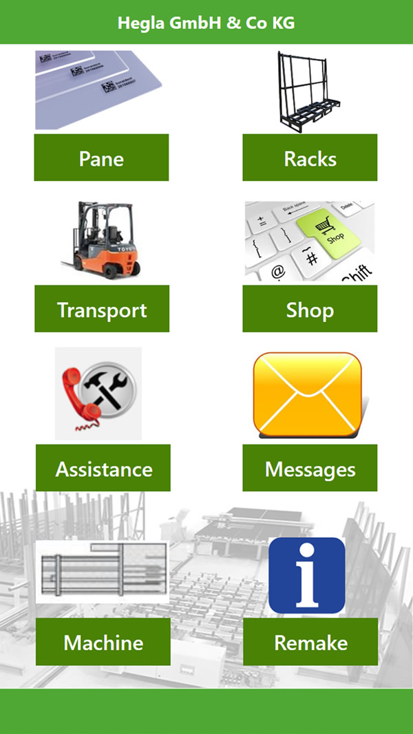Image 1: The app’s various functions map sub-sections and functions of the value chain, simplify processes, structure workflows, and make it possible to request the further transport of a piece of glass, report breakage, identify a pane, determine a rack position, organise maintenance process, and more.