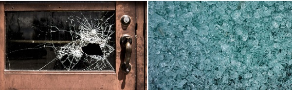 Left: standard annealed glass breaks into sharp shards; Right: toughened or tempered glass shatters into tiny pebble-size pieces