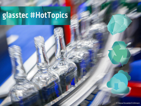 The three Hot Topics of glasstec 2024: Decarbonisation, Circular Economy and Digital Technologies. © Messe Düsseldorf/ctillmann