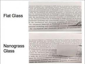 The top image shows that text can be read through normal flat glass, while the glass etched with nanostructure scatters light, making the glass appear opaque. This glass could help boost the performance of solar cells and LEDs.