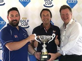 Justin Williams, Modplan (left) and Alan Burgess, Timberweld (right), win the VEKA France golf cup