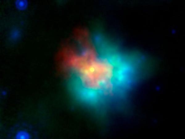 This image of supernova remnant G54.1+0.3 includes radio, infrared and X-ray light.