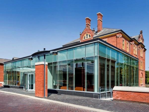 SOLARBAN 70XL glass with Walker Textures acid-etching transforms historic Humber College building