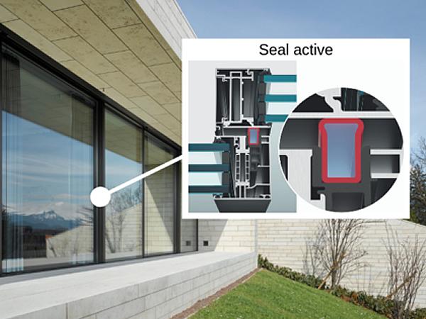 Active seal: By pressing the button, air is generated in the frame and pumped into the seal. The seal presses against the slide profile and closes the gap between slide and fixed frame absolutely tight.