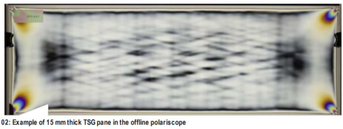 02: Example of 15 mm thick TSG pane in the offline polariscope