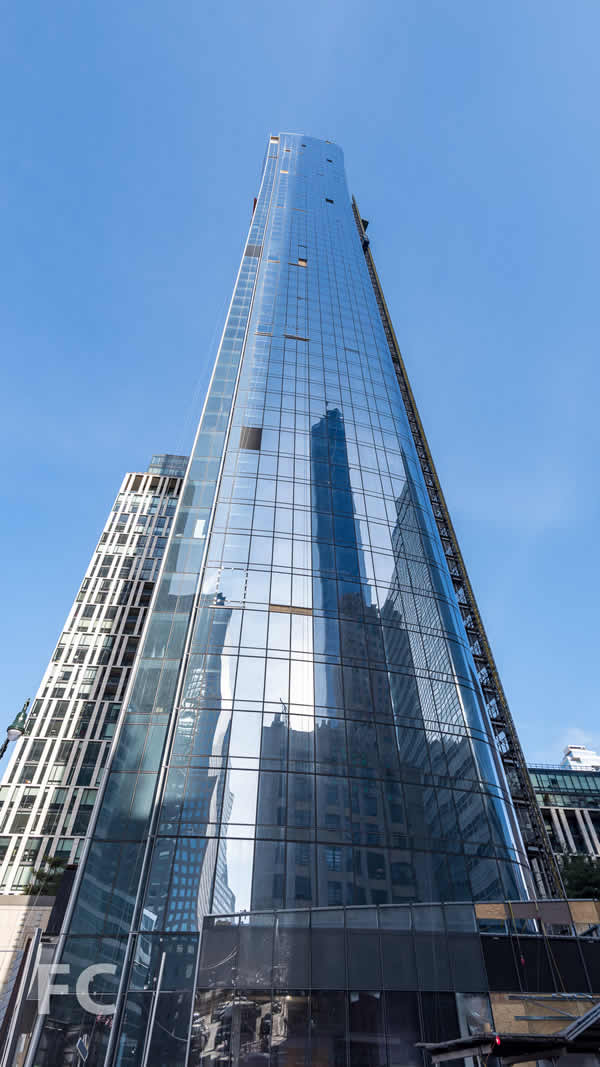 Looking up at the south facade.