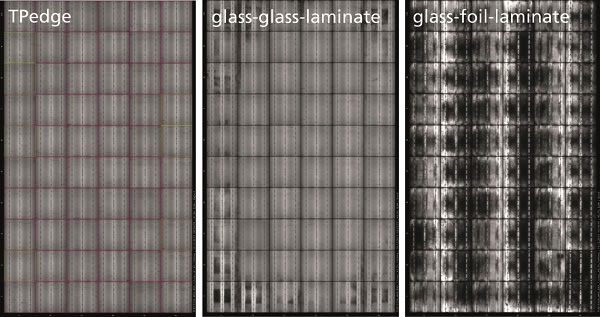 Electroluminescence imges of tested modules after 4000 hours of humidity-heat tests (85°C, 85% r.H.); TPedge module (left), glass-glass-laminate (center), glass-foil-laminate (right) © Fraunhofer ISE