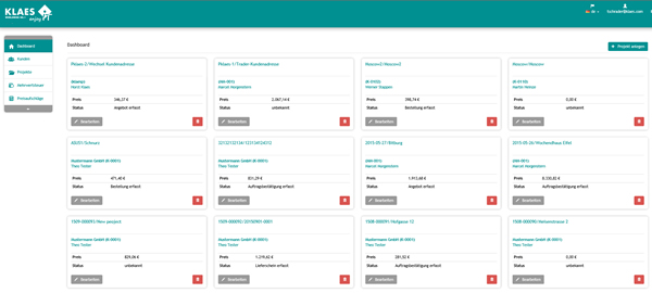 Klaes web trade Dashboard - manage your own projects in the online solution