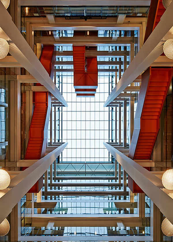 Up from the trading floor, the widened atrium is filled with daylight.