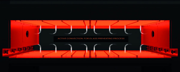 Active convection for glass preheating of Glaston Matrix windshield bending furnace.