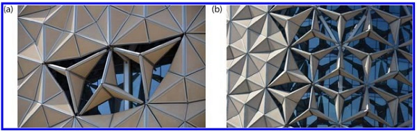 Figure 2. (a) Three fully opened shading devices allowing an open view during non-solar periods and (b) a group of fully opened shading devices (photo courtesy: Terry Boake).