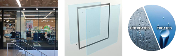 From left to right: Safti First's SuperLite II-XLB 60. Tempered vacuum insulated glass from VIG Technologies. Unelko Antimicrobial Glass versus non-treated glass.