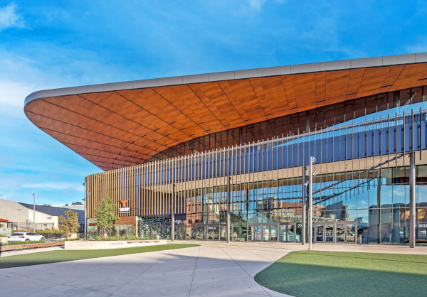 The Moody Center boasts a sweeping 360-degree curtainwall design. (Photograph by Tom Kessler)