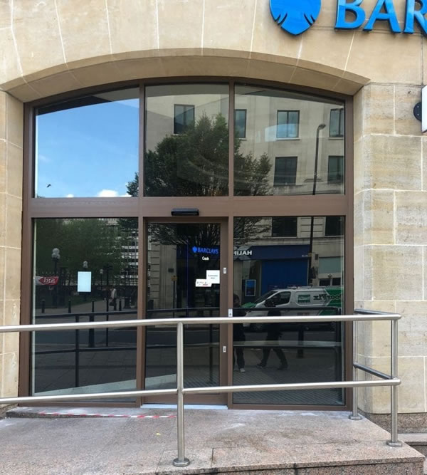 Barclays Bank in Birmingham fitted with the Jack Aluminium’s JD47 Shopfront System