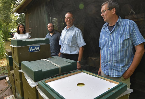 From left: Bettina Jost, Head of the Marketing Department; David Gorr, initiator of the sponsorship; Peter Dixen, CEO of A+W and beekeeper Kay Lürßen.