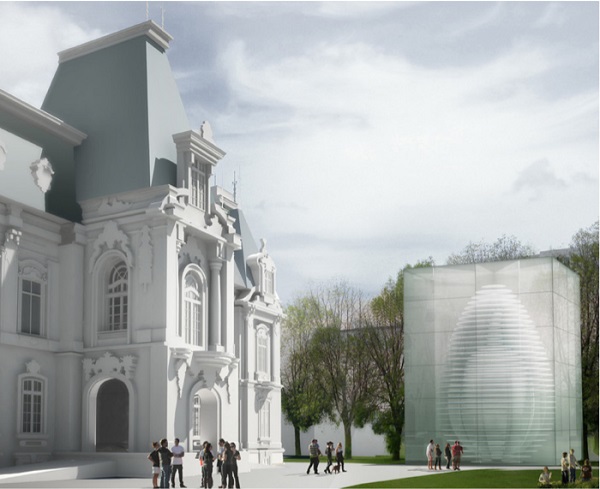 The rendering shows the original building, the Craiova Art Museum, and the glass construction as the new attention-grabber. In this way, the neoclassical building retains its impact despite the increased exhibition space: this was created underground. Rendering: Dorin Stefan, DSBA