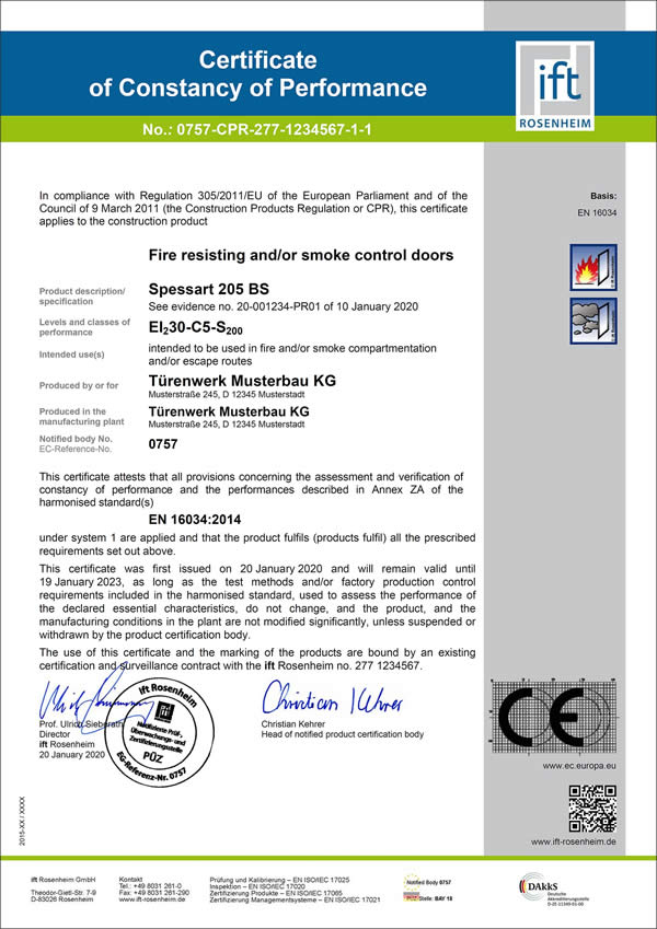 The "Certificate of constancy of performance of the product" is a requirement for the CE mark (Source: ift Rosenheim) 