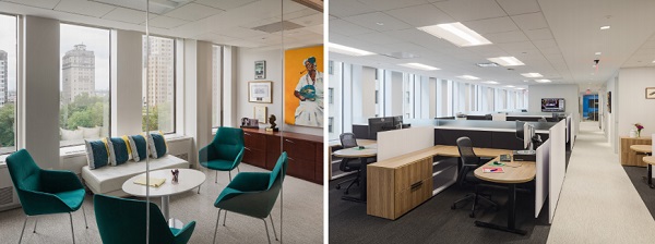 Left: a private huddle room behind a clear demountable glass partition; right: interior glass exposes a blue-walled conference room