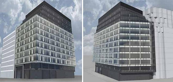 Figure 1.2 and 1.3. A lightweight cladding wrap on 3 sides to visually connects the building from Farringdon Street around to Fleet Place (Denton Corker Marshall, London).