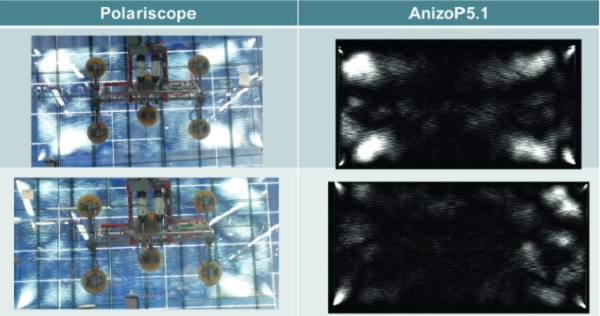 Figure 2 A 100% match of the visualisation of anisotropy obtained with the polariscope and the on-line visualisation equipment.