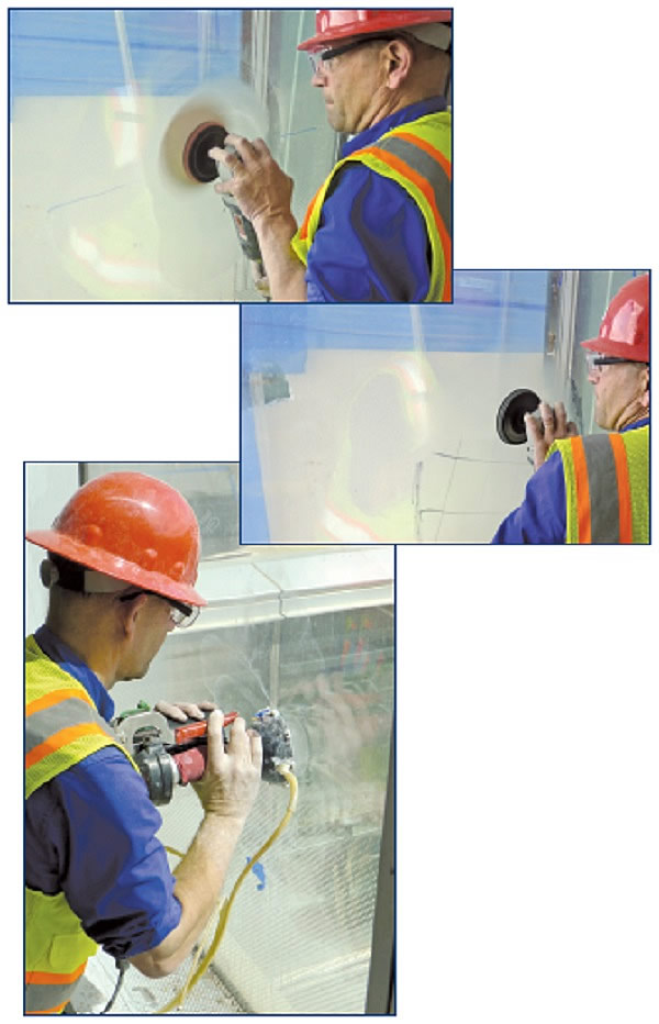 Figure 6 – Initial polishing step with hand polisher and course grit sanding disk. Figure 7 – Intermediate polishing step with hand polisher and fine grit sanding disk. Figure 8 – Final polishing step with commercial-grade, closed-wheel automated equipment that recirculates a thin slurry of a blended cerium oxide in water.