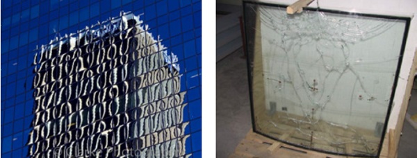 Figure 1 (left): Climatic Loads Causing Pillowing Figure 2 (right): Curved Glass Breakage from Climatic Loads [2] 