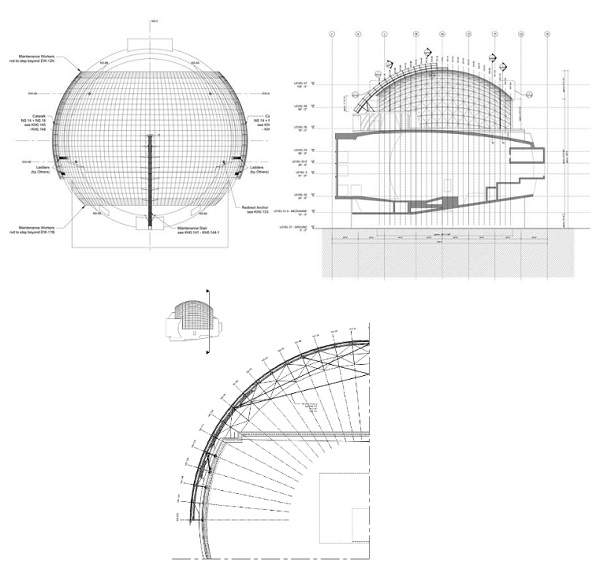 Figs. 1,2,3 Top view (left), north-south section (right), and east-west section of the dome (drawings: Knippers Helbig).