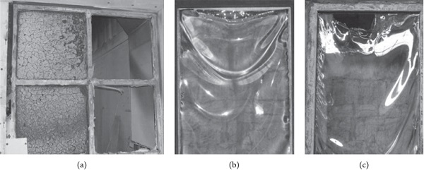 Figure 10   Failure mechanism in FR glass systems, as observed by (a) Manzello et al. [71], with evidence of fallout, and (b)-(c) by Yang et al. [40] on FR monolithic panes.
