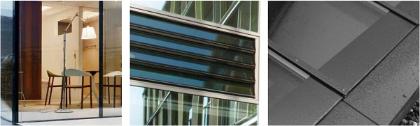 Fig. 10: Typical application for TEA enameling (left: all-glass systems; middle: louvre windows; right: roof glazing)