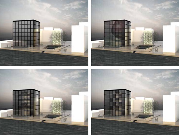 Figure 10. Application possibilities of the structured adaptive glazing in a fully glazed facade. Renderings: S. Leistner, ILEK