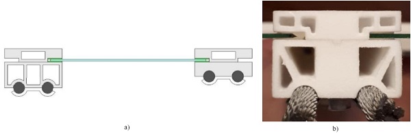 Fig. 10 a) Sketch of the glass support concept, b) Cross-section of the clamping bar (Peters et al. 2019).