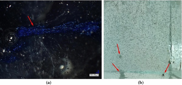 Fig. 10 a Microscope image of “Lead CRT, 870 ◦C” specimen, containing undissolved blue particles of—most probably—cobalt oxide. b The variable inclusions in the “Borosilicate mix Coolrec, 1120 ◦C” specimen are tolerated by the glass network