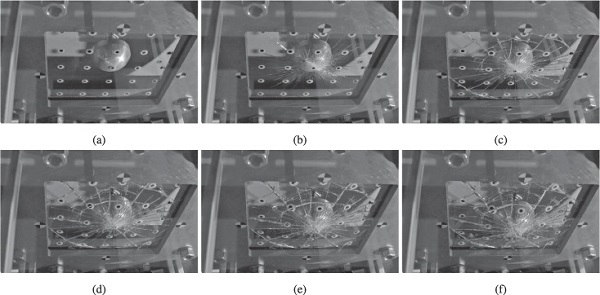 Fig. 11. Images from a test on monolithic glass with impact velocity of 4.11 m/s at (a) 0.52 ms, (b) 0.60 ms, (c) 2.44 ms, (d) 6.00 ms, (e) 8.00 ms, and (f) 10.0 ms after contact.