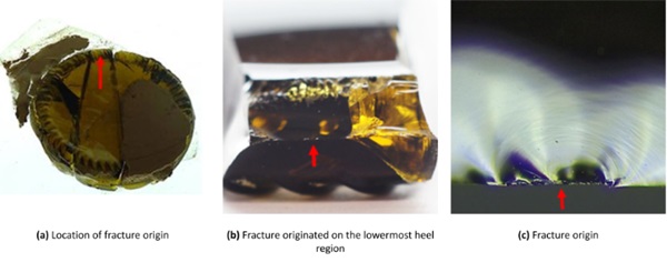Fig. 11: Location of fracture origin indicated with arrows, Sample 2.
