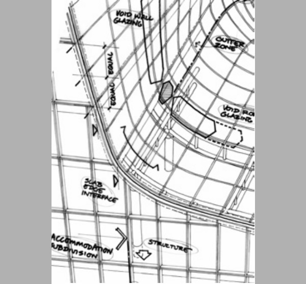 Fig. 11: The Opus, Dubai. Initial design sketch showing the interface between the vertical façades and the curved void façade/roof glazing