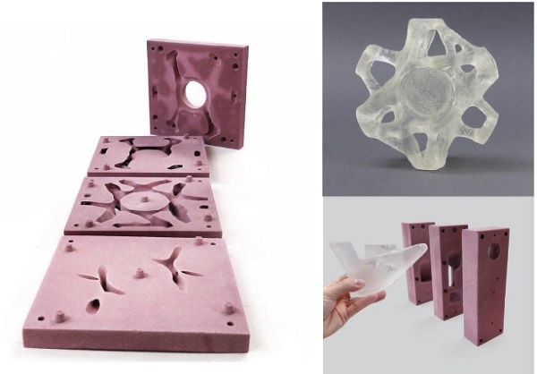 Fig. 11 3D-printed sand moulds produced by ExOne and the resulting cast glass components for a topologically optimized cast glass grid-shell node by (Damen 2019) (left and top right) and for a structurally optimized cast glass column by (Bhatia 2019) (bottom right).
