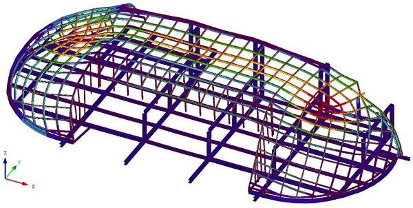 Fig. 11 Overview of the RFEM structural model showing global deformations under one of the applied load-combinations (self-weight and snow).