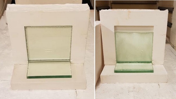 Fig. 11 Fusion experiment, typical deformation before (left) and after (right) the temperature schedule in the oven.