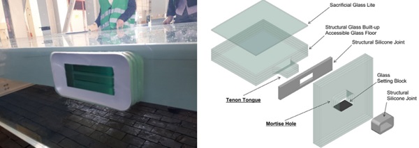 Figure 12 & 13 Mortise and tenon connection at performance mock-up (left); isometric view mortise and tenon connection (right).