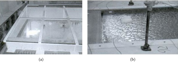Figure 12   Fire tests on glazing floor, as reported in [74]. (a) Initial state and (b) failure pattern (detail).