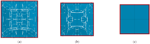 Figure 12. Failure modes of glass (W = 1000 kg, R = 100 m). (a) S = 1 m2. (b) S = 0.64 m2. (c) S = 0.36 m2.