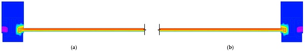 Figure 12. Visualization of the heating of the (a) left side and (b) right side of the glazing structure of sample No. 2.4.