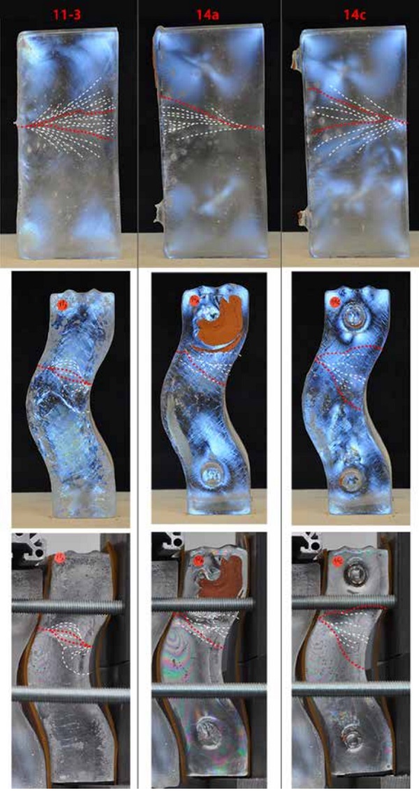 Figure 12 Superposition of the fracture paths of the broken bricks and the polarized images of the bricks before and during testing (prior to failure)