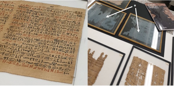 Figure 12: A part of the original Papyrus Ebers in BOROFLOAT® 33 glazing, left.*Glass corrosion products on Papyrus glazings made from soda-lime glass, right. 