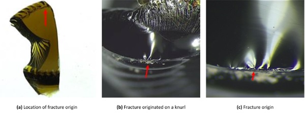 Fig. 12: Location of fracture origin indicated with arrows, Sample 3.