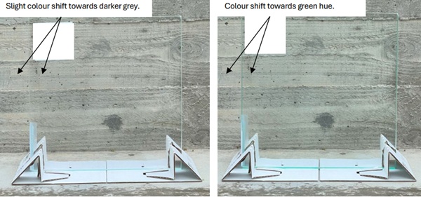 Fig. 12: Photographs of low-iron glass sample (left) and clear glass sample (right).
