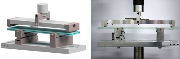 Fig. 12: Test setup for bending tests on small scale specimens to determine the shear modulus from a laminated glass beam. Left: rendering of the developed bending test. Right: Realised test setup with installed test specimen and applicated fibre sensor.