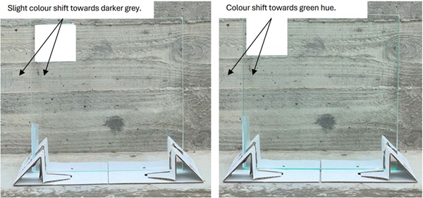 Fig. 12: Photographs of low-iron glass sample (left) and clear glass sample (right).
