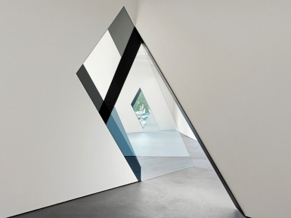 Fig. 12 33-D, 2014 | Aluminum, glass and existing architecture | Total dimensions variable | Location: Kunsthaus Baselland Photo Credit: Serge Hasenböhler